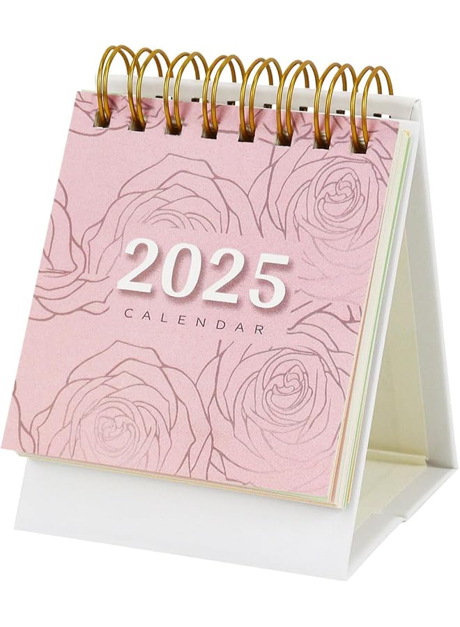 erorex 2025 Desk Calendar Small Desk Calendar Flip Calendar For Desk Standing Flip Academic Year Monthly Calendars With Gold Coil Easy To Read For School Desk Office Decoration Pink Rose  - Image 1