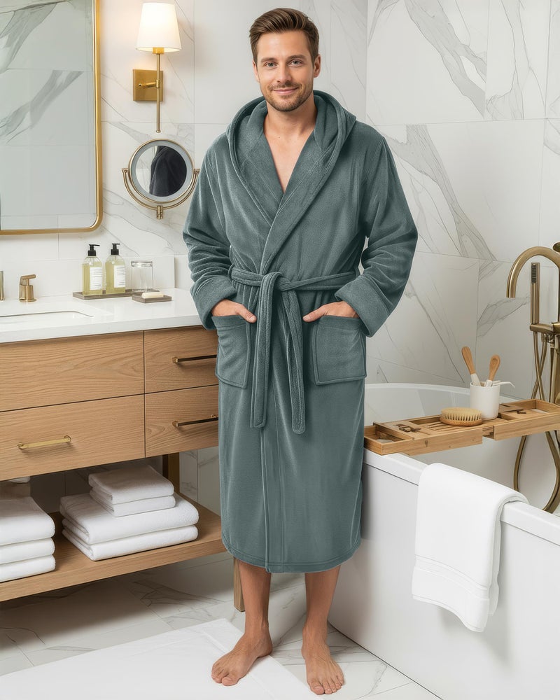 NY Threads Mens Robe with Hood, Luxury Plush Fleece Hooded Mens Bathrobe, Spa Bath Robe for Men, Large/X-Large, Steel Grey - Image 2