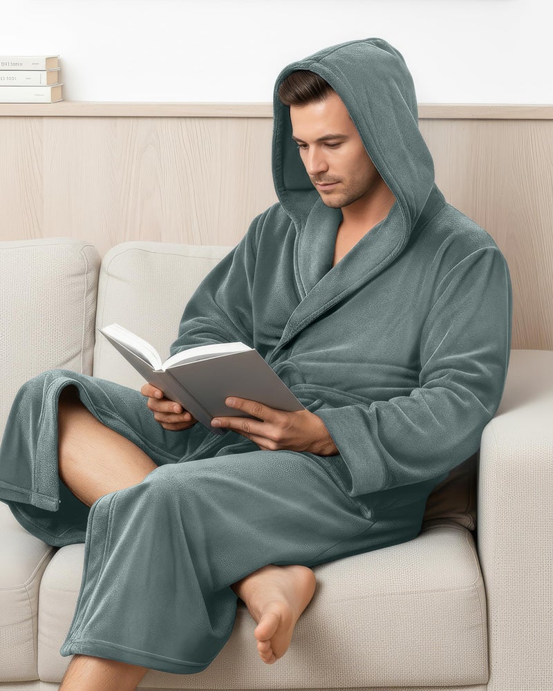 NY Threads Mens Robe with Hood, Luxury Plush Fleece Hooded Mens Bathrobe, Spa Bath Robe for Men, Large/X-Large, Steel Grey - Image 4