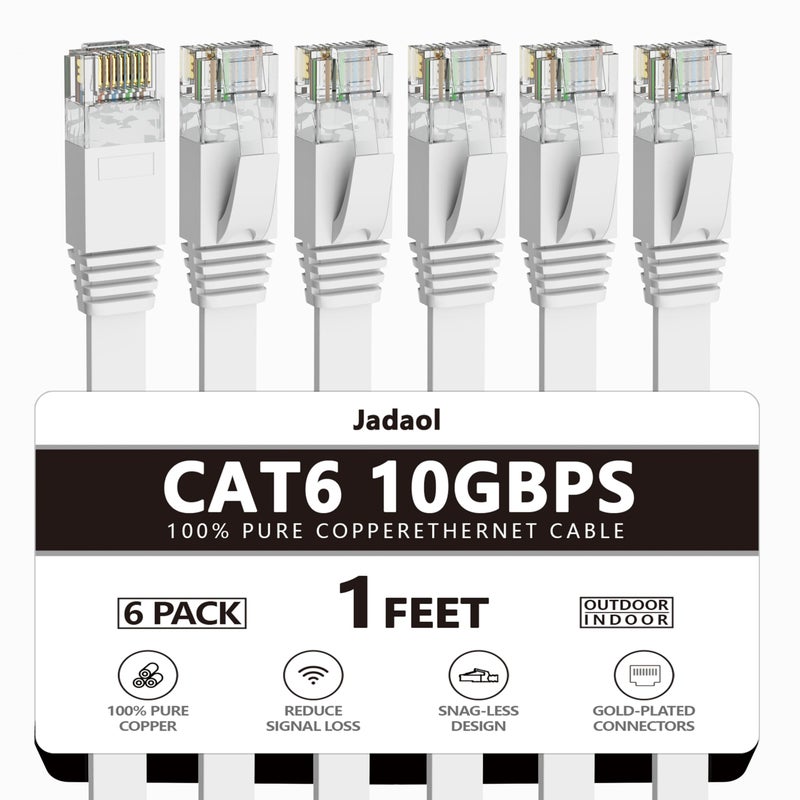 Jadaol Cat 6 Ethernet Cable 1 ft 6Pack, Outdoor&Indoor, Flat High Speed 10Gbps Patch LAN Cord, Support Cat8/7 Network, Short Ethernet Cable for Router, Modem, Switch, PC, Laptop, Gaming Console, White - Image 1