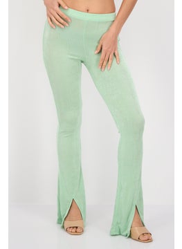 Women Regular Fit Slinky Flare Leg Pants, Light Green