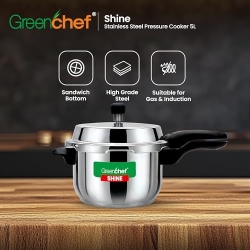 GREENCHEF Shine outer lid Stainless steel Pressure cooker 5 litre Induction and Gas Stove Compatible - ISI Certified - Image 2