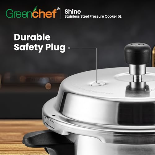 GREENCHEF Shine outer lid Stainless steel Pressure cooker 5 litre Induction and Gas Stove Compatible - ISI Certified - Image 3