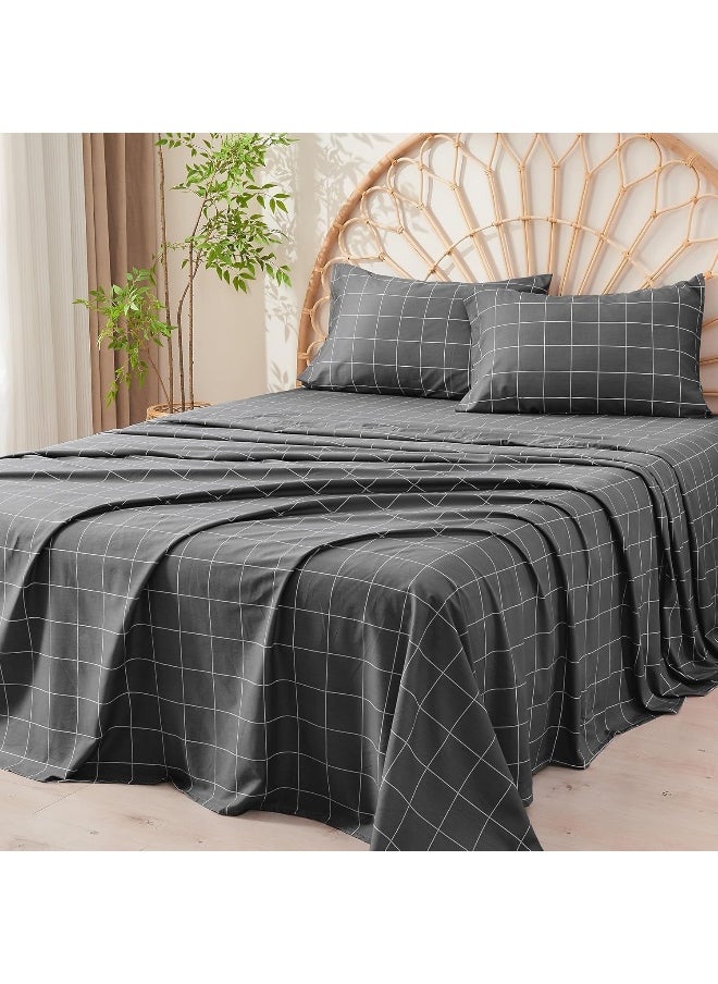 JELLYMONI JELLYMONI 4Pcs Plaid Sheet Sets, 100% Natural Cotton Sheets Set, Geometric Pattern Bed Set with 16'' Deep Pocket, (Twin, Black)  - Image 1