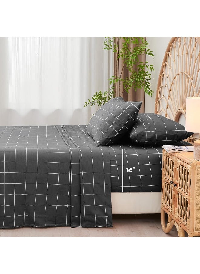 JELLYMONI JELLYMONI 4Pcs Plaid Sheet Sets, 100% Natural Cotton Sheets Set, Geometric Pattern Bed Set with 16'' Deep Pocket, (Twin, Black)  - Image 3