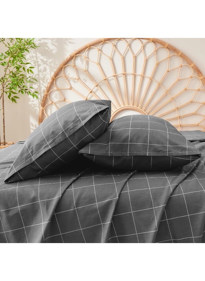 JELLYMONI JELLYMONI 4Pcs Plaid Sheet Sets, 100% Natural Cotton Sheets Set, Geometric Pattern Bed Set with 16'' Deep Pocket, (Twin, Black)  - Image 2