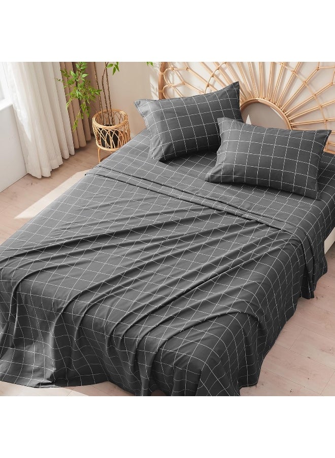 JELLYMONI JELLYMONI 4Pcs Plaid Sheet Sets, 100% Natural Cotton Sheets Set, Geometric Pattern Bed Set with 16'' Deep Pocket, (Twin, Black)  - Image 4