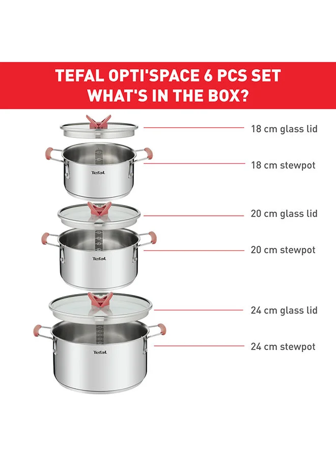 Tefal 6-Pieces Tefal Opti'Space Cookware Set Stewpots With Lids Space Saving Neat Storage Premium-Quality Stainless Steel