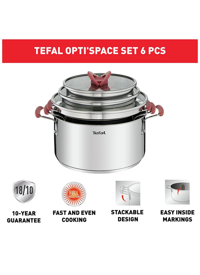 Tefal 6-Pieces Tefal Opti'Space Cookware Set Stewpots With Lids Space Saving Neat Storage Premium-Quality Stainless Steel