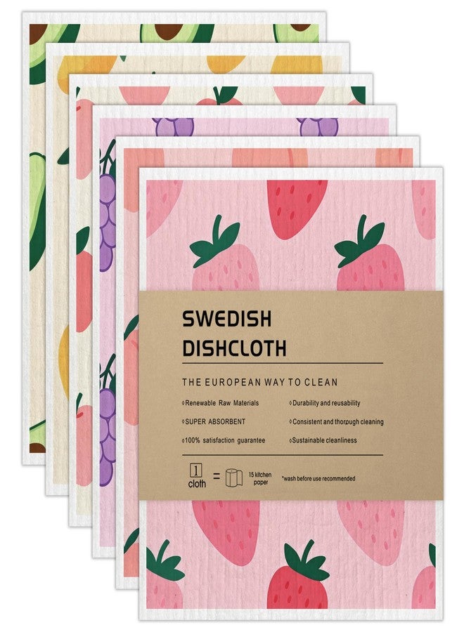 RHVQ Swedish Dishcloths 6-Pack, Super Absorbent & Fast-Drying Reusable Dish Towels, Biodegradable Kitchen Sponge Cloths with Fruit Prints for Dishes, Countertops, Windows & Car - Image 1