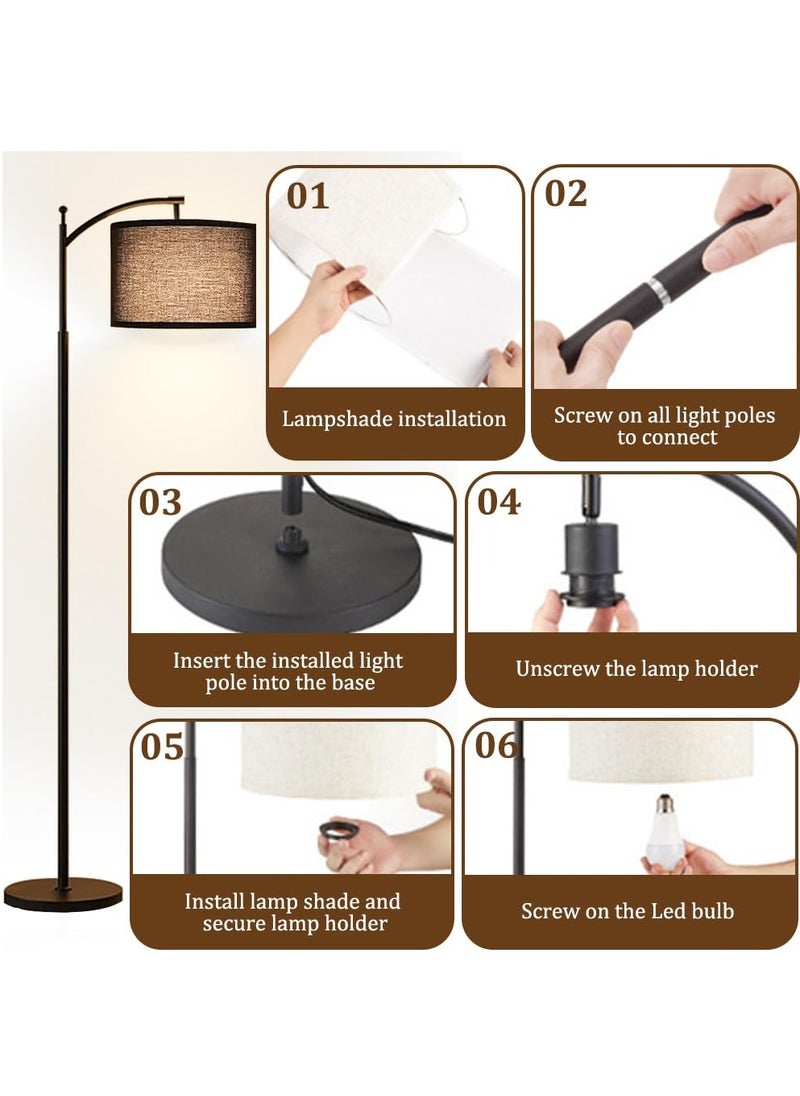 Floor Lamp, 3 Color Temperatures 3000K-5000K, Adjustable Linen Shade with 9W LED Bulb, Bedroom Office Dining Room Tall Lamp (Black)