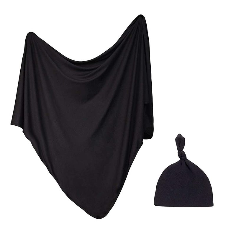 iEvolve Cotton Knitted Baby Swaddle Blanket with Hat Headband Set Newborn Swaddle Wrap Receiving Blankets for Baby Girl Boy 35 x 35(Black) - Image 1