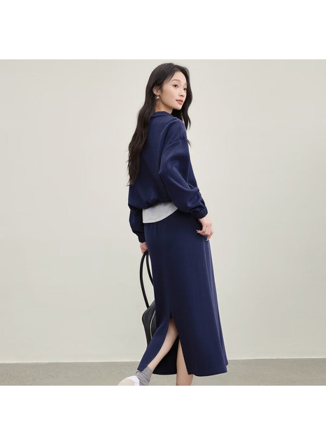 Sentubila Cotton Blend Faux Two-piece Set Women Autumn Loose Drop Shoulder Sweatshirt With Slit Straight Skirt Two-piece Set - Image 2
