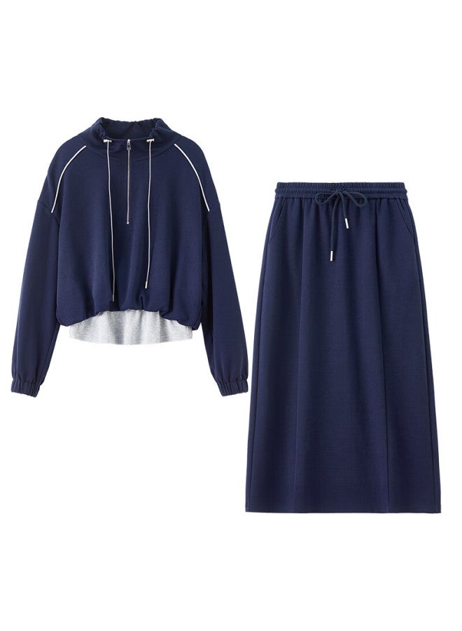 Sentubila Cotton Blend Faux Two-piece Set Women Autumn Loose Drop Shoulder Sweatshirt With Slit Straight Skirt Two-piece Set - Image 5