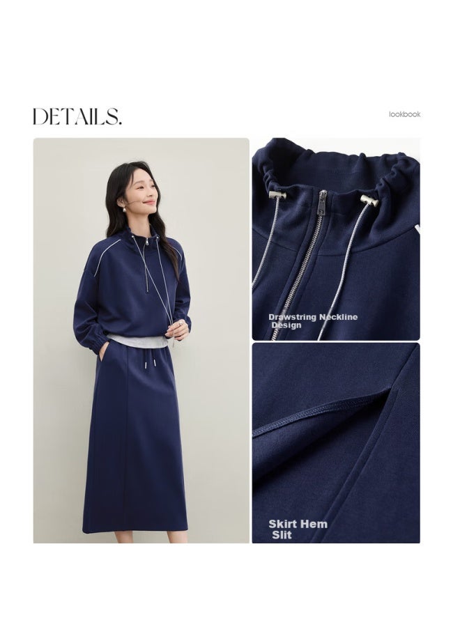 Sentubila Cotton Blend Faux Two-piece Set Women Autumn Loose Drop Shoulder Sweatshirt With Slit Straight Skirt Two-piece Set - Image 3
