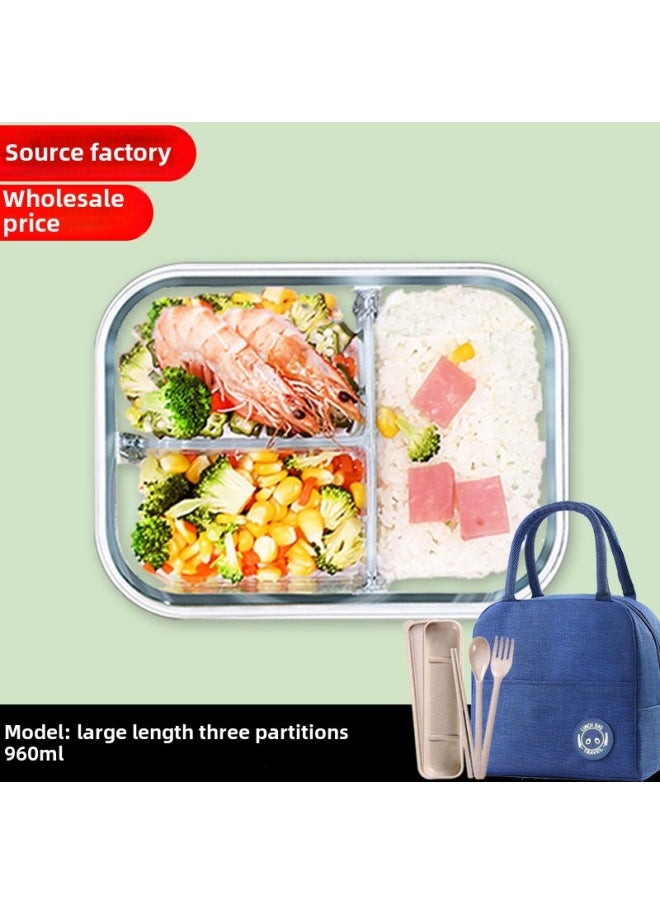 Generic - High Borosilicate Glass Fresh-keeping Bowl With Lid Microwave Oven Partition Household Bento Box Family Glass Bowl Heating Lunch Box-Specifications:Large Length Three-point Interval 960ml + Bag + Tableware-Color:dark Green - Image 1