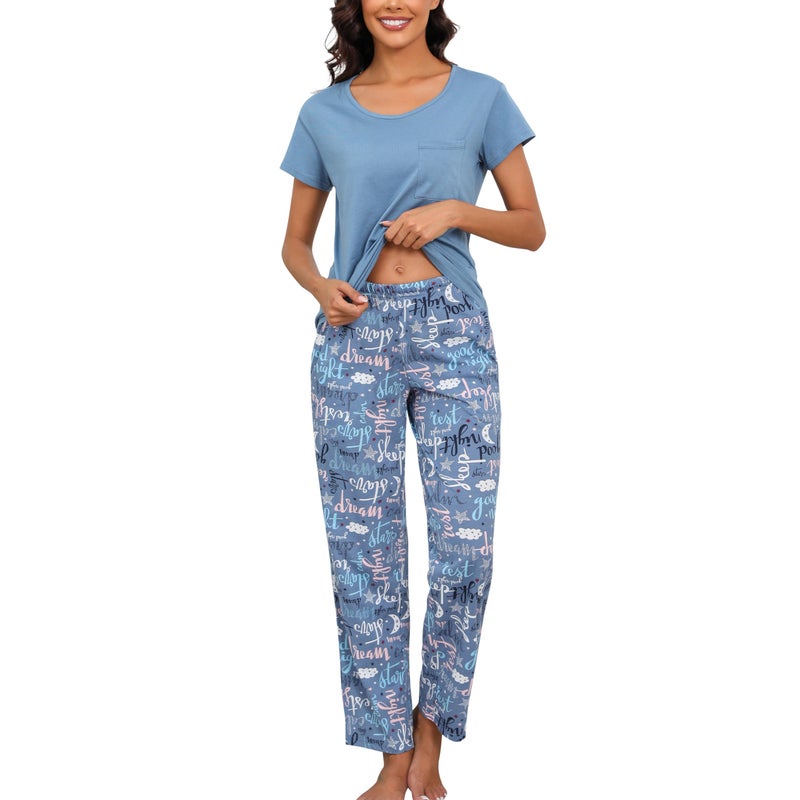 PNAEONG Womens Pajama Sets Cotton Lounge Sets for Women Short Sleeve Top With Pants 2 Piece pj sets With Pocket C Good Night,L - Image 1