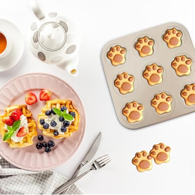 Round Cake Pans Muffin Pan 9 Cup Cat Paw Shaped Cupcake Baking Pan NonStick Mini Fondant Pans Steel Cookies Molds Muffin Pie Mould For Home Restaurant Fondant Molds - Image 2