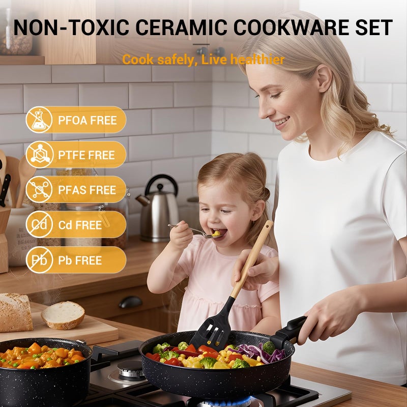 Ammeloo 21 Pcs Pots and Pans Set Non Stick, Ceramic Kitchen Cookware Set with Detachable Handle, Non Toxic Cooking Set for Kitchen, RV, Camping and Fridge, Induction Ready, Dishwasher/Oven Safe, Black - Image 3