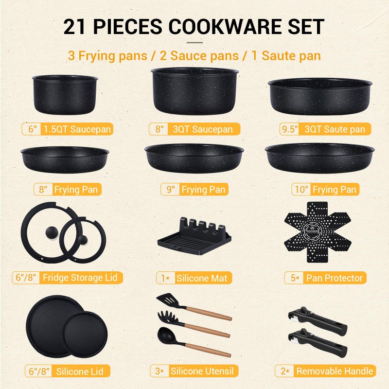 Ammeloo 21 Pcs Pots and Pans Set Non Stick, Ceramic Kitchen Cookware Set with Detachable Handle, Non Toxic Cooking Set for Kitchen, RV, Camping and Fridge, Induction Ready, Dishwasher/Oven Safe, Black - Image 2
