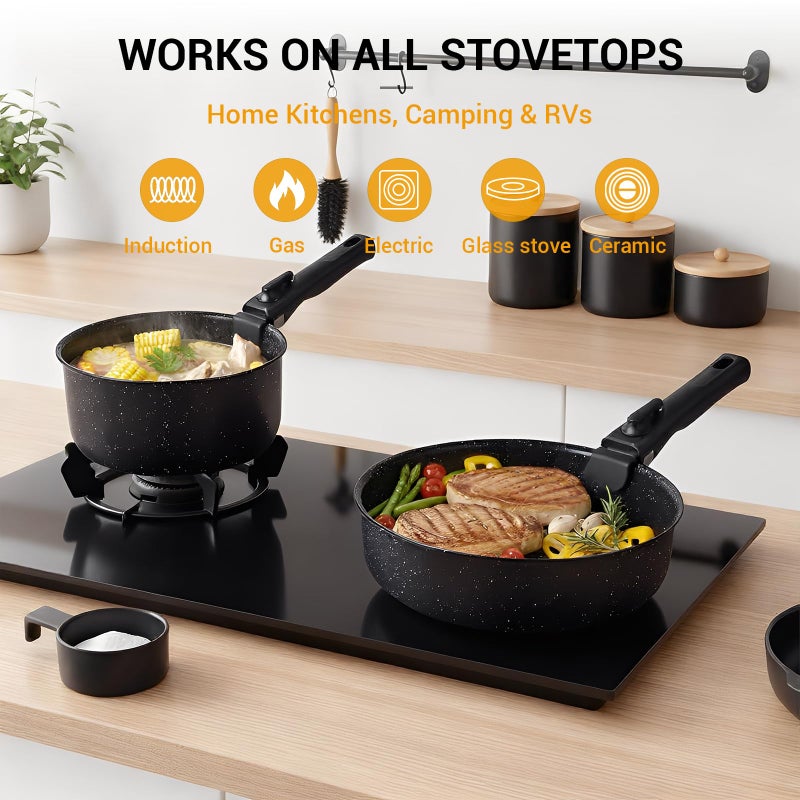 Ammeloo 21 Pcs Pots and Pans Set Non Stick, Ceramic Kitchen Cookware Set with Detachable Handle, Non Toxic Cooking Set for Kitchen, RV, Camping and Fridge, Induction Ready, Dishwasher/Oven Safe, Black - Image 5