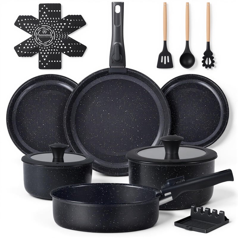 Ammeloo 21 Pcs Pots and Pans Set Non Stick, Ceramic Kitchen Cookware Set with Detachable Handle, Non Toxic Cooking Set for Kitchen, RV, Camping and Fridge, Induction Ready, Dishwasher/Oven Safe, Black - Image 1