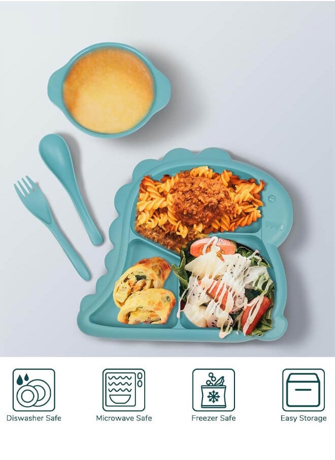 Riolio Children's 4-Piece Tableware Sets Including Children's Plate, Bowl, Spoon, Fork, Plastic Tableware, BPA-Free, for Dishwasher (Lake Blue Dinosaur)  - Image 1