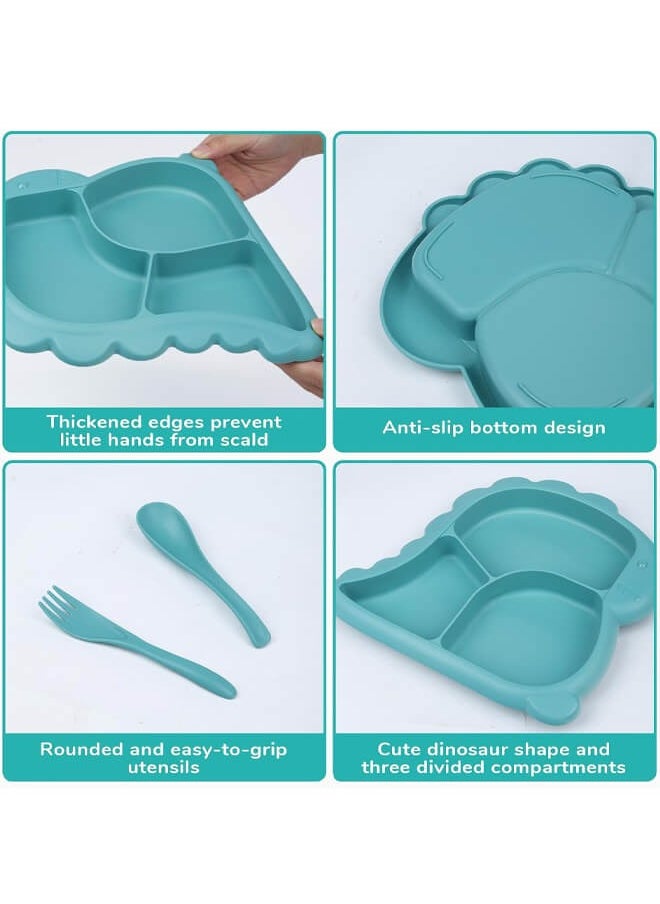 Riolio Children's 4-Piece Tableware Sets Including Children's Plate, Bowl, Spoon, Fork, Plastic Tableware, BPA-Free, for Dishwasher (Lake Blue Dinosaur)  - Image 2