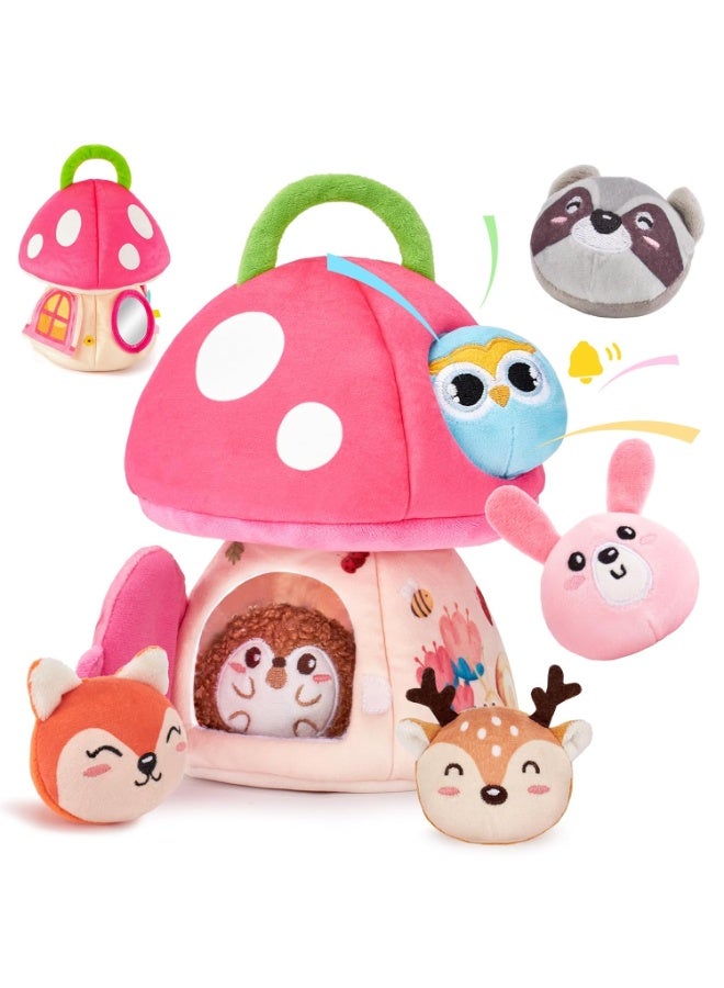 Montessori Baby Toys 6+ Months, Mushroom House with Stuffed Jungle Animals Toys for Babies with Rattle & Mirror, Crinkle Paper, Sensory Toys for Babies Boy Girl Birthday Gifts - Image 1