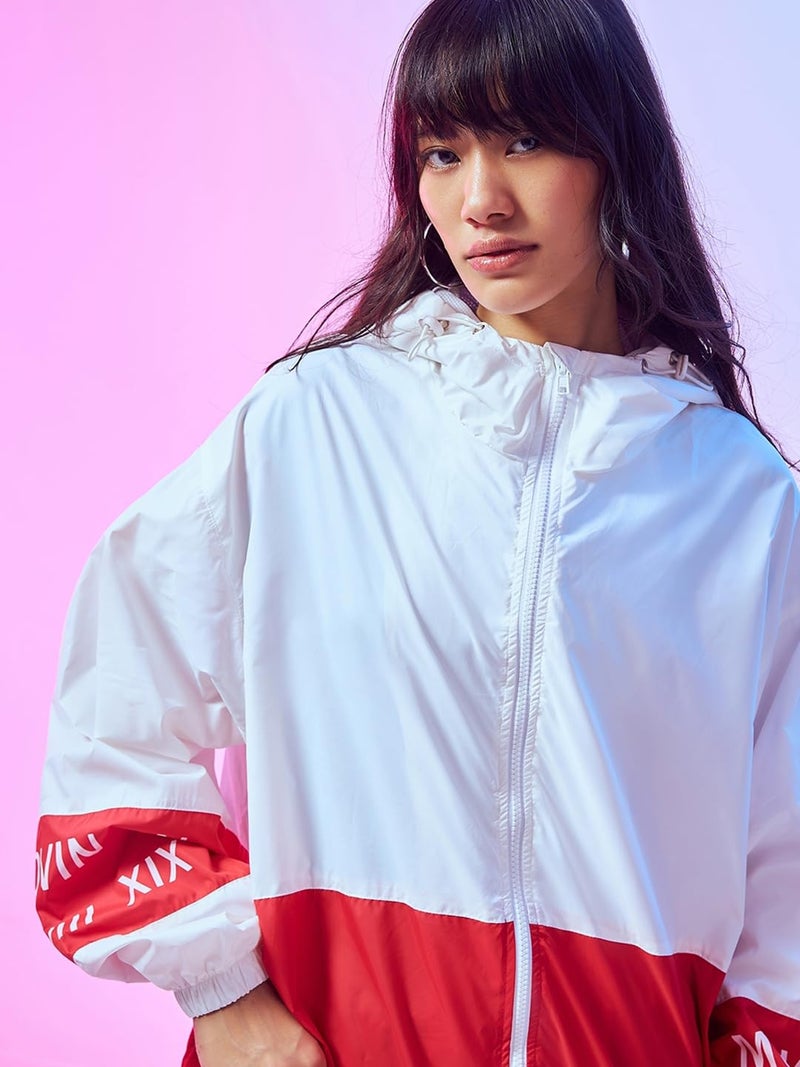 Bewakoof Air 1.0 Women's Color Block Super Loose Fit Full Sleeve Hooded Neck Nylon Windcheater Jacket_ 596369 White M - Image 5