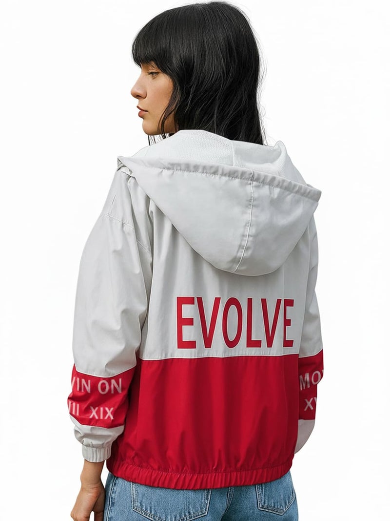 Bewakoof Air 1.0 Women's Color Block Super Loose Fit Full Sleeve Hooded Neck Nylon Windcheater Jacket_ 596369 White M - Image 1