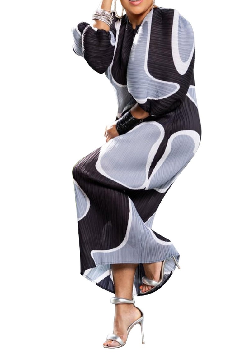 Yootiko Women Colorful African Dress Floral Puff Long Sleeve Wedding Guest Party Pleated Maxi Dress - Image 1