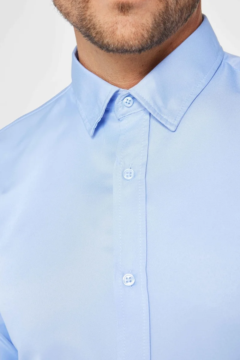 Tudors Slim Fit Long Sleeve Easy Iron Sweat Absorbing Breathable Texture Tie Holder Four Seasons Blue Men's Shirt