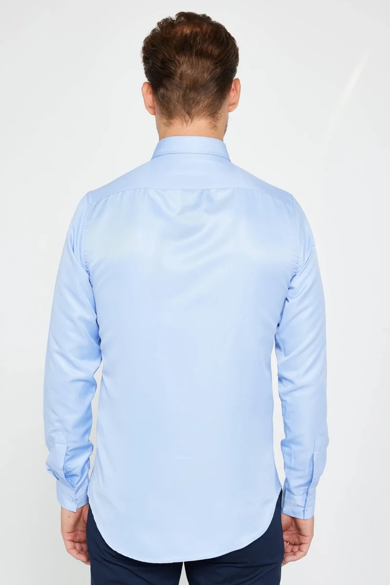 Tudors Slim Fit Long Sleeve Easy Iron Sweat Absorbing Breathable Texture Tie Holder Four Seasons Blue Men's Shirt