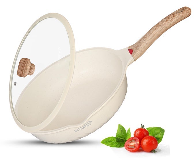 DEEP NONSTICK FRYING PAN WITH LID 3IN1 SAUT PAN SKILLET MINI WOK GREBLON CERAMIC COATING INDUCTION HOB SAFE STAINLESS STEEL BASE PTFE PFOA FREE WHITE 30 CM
