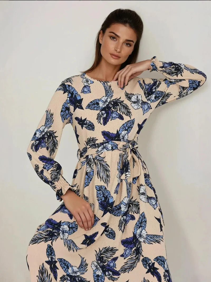 زوبعة فستان ماكسي طويل بأكمام طويلة وياقة مستديرة بطبعة زهور