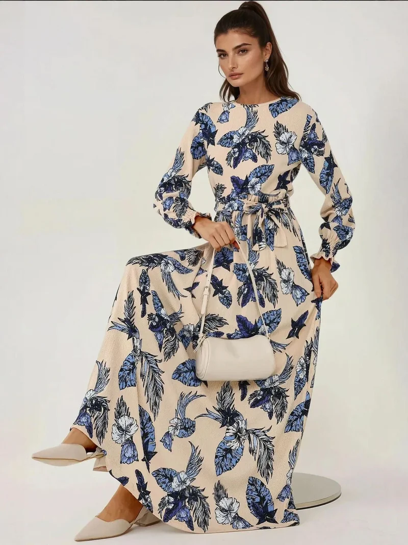 زوبعة فستان ماكسي طويل بأكمام طويلة وياقة مستديرة بطبعة زهور
