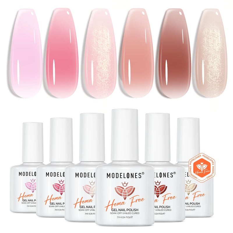 modelones طلاء أظافر جل موديلونز 6 ألوان خالي من الهيما شفاف جلي مائل إلى الوردي الوردي الشفاف محايد جل طلاء أظافر نقع طلاء أظافر فرنسي فن الأظافر مانكير DIY هدية للنساء - Image 1