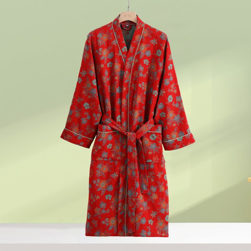 New Pure Cotton Double-Layer Gauze Bathrobe, Cotton Kimono, Long-Sleeved Couple Pajamas, Home Clothes, Absorbent Bathrobe - Image 1