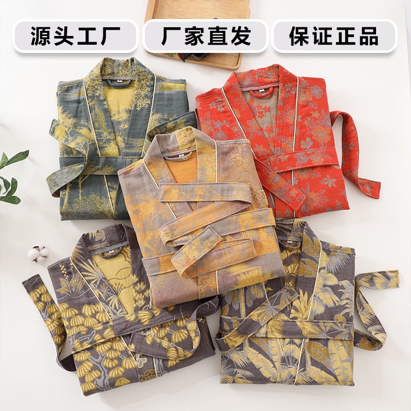 New Pure Cotton Double-Layer Gauze Bathrobe, Cotton Kimono, Long-Sleeved Couple Pajamas, Home Clothes, Absorbent Bathrobe - Image 4