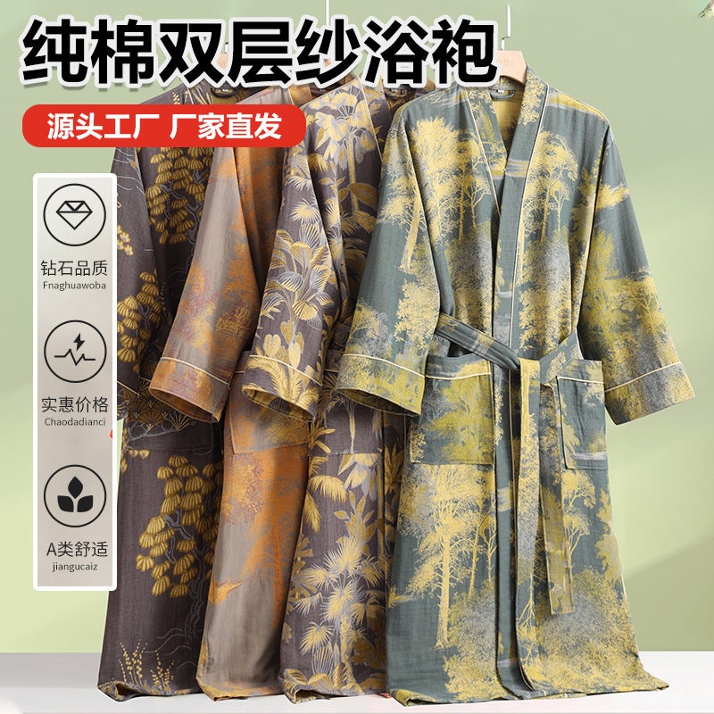 New Pure Cotton Double-Layer Gauze Bathrobe, Cotton Kimono, Long-Sleeved Couple Pajamas, Home Clothes, Absorbent Bathrobe - Image 3