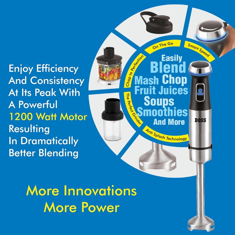 BOSS BOSS Stellar Hand Blender 1200 Watts with Chopper Blender Jar On to go Bottle Cap Variable Speed Turbo Speed Function AntiSplash Technology 2 Year Warranty Black  - Image 5
