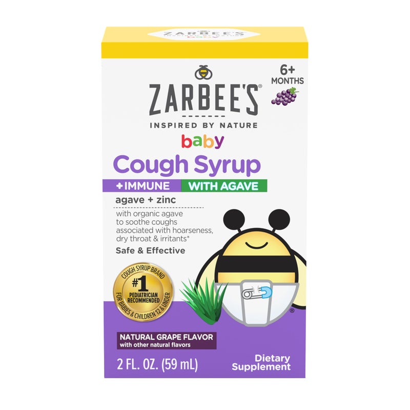 Zarbee's Baby Agave Cough Syrup + Immune for Babies 6+ Months, Safe & Effective with Cough Soothingâœ Organic Agave & Zinc for Immune Support*, Natural Grape Flavor, 2Fl Oz - Image 1