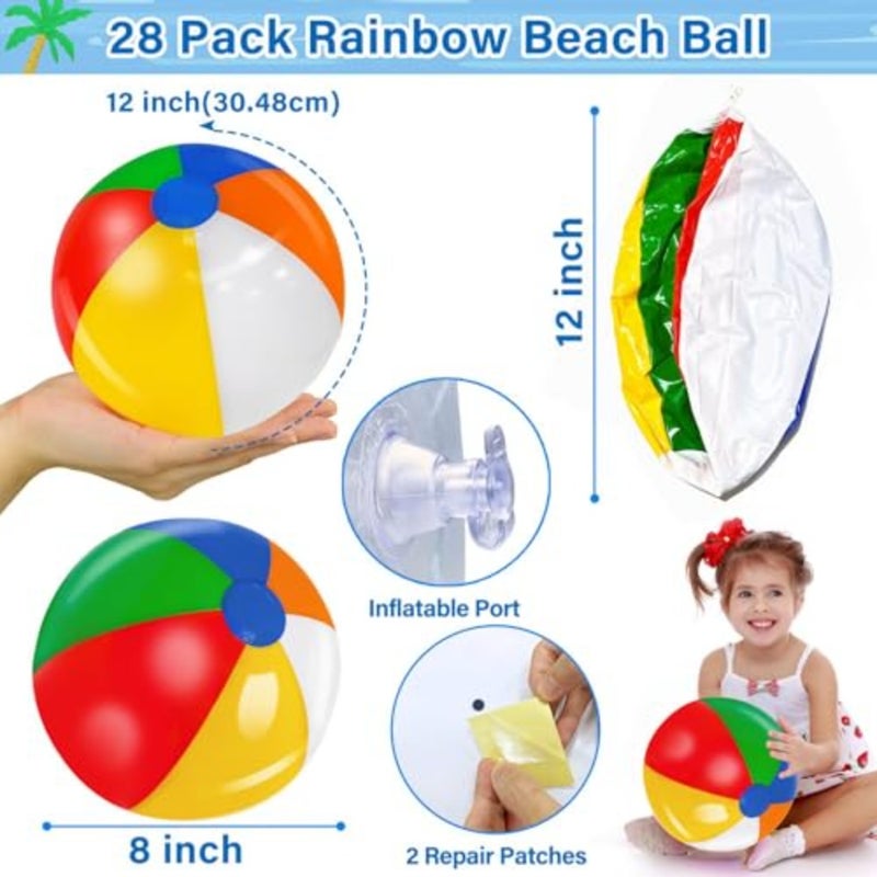 28 Pack 12 Inch Rainbow Inflatable Beach Balls, Bulk Pool Toys for Swimming Pool Toys Beach Ball, Perfect for Backyard Outdoor Summer Games, Hawaiian Tropical Luau Themed Pool Party Decorations - Image 2