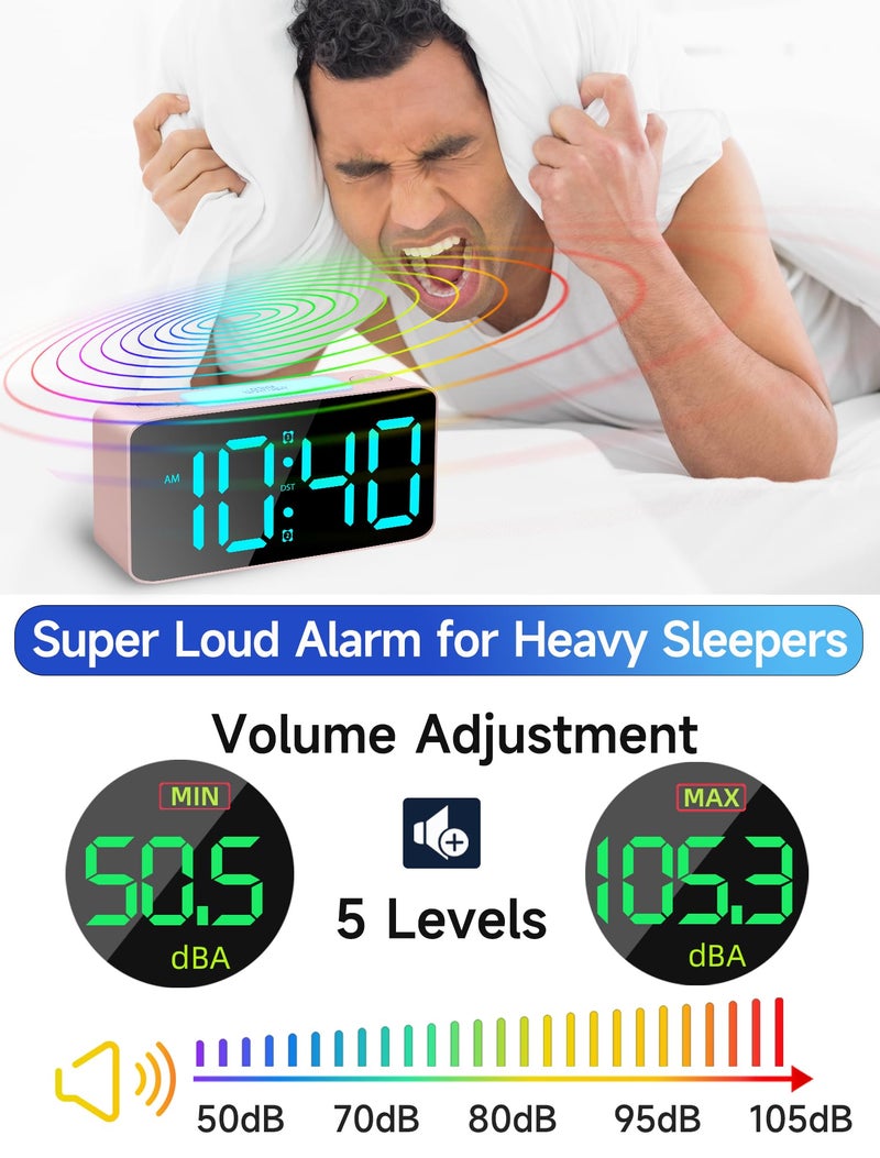 Cadmos Super Loud Alarm Clock for Heavy Sleepers Adults,Digital Clock with 7 Color NightLight,Adjustable Volume,USB Charger,Small Clocks for Bedrooms Bedside,ok to Wake for Kids,Teens (Pink+RGB) - Image 5