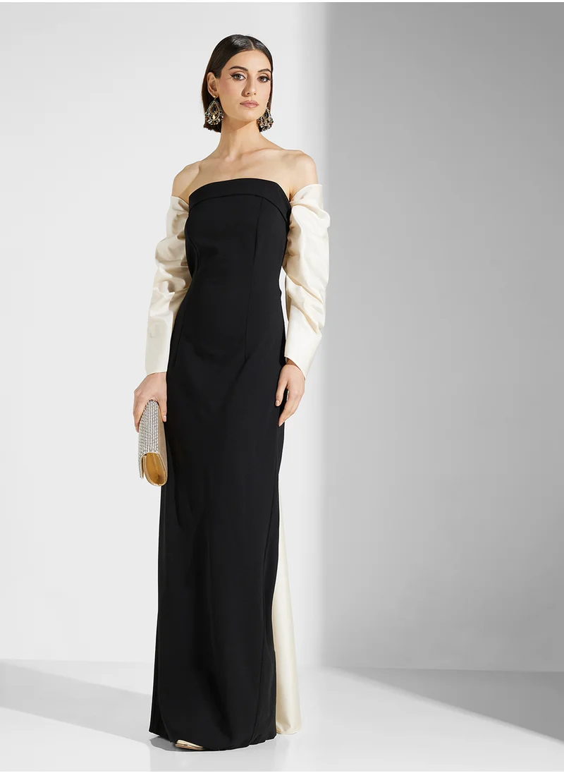 نمشي x Two Toned Off Shoulder Dress With Trail