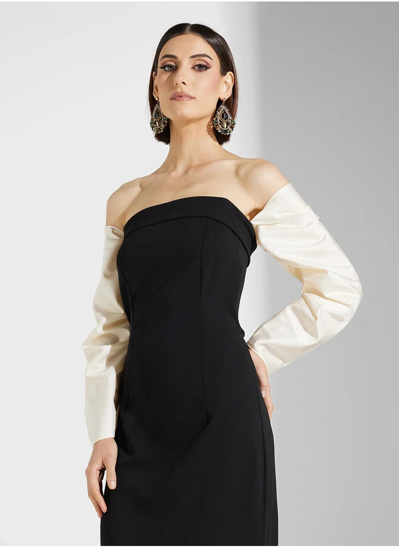 نمشي x Two Toned Off Shoulder Dress With Trail