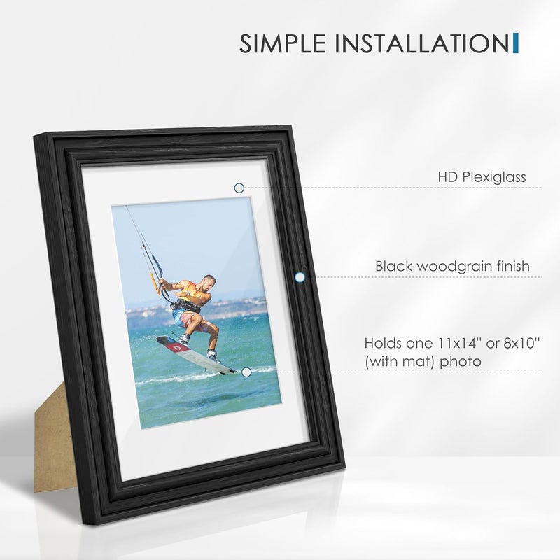 PEALSN 11x14 Picture Frame Set of 6, Display Pictures 8 x 10 with Mat or 11 x 14 Without Mat, Wall Gallery Photo Frames for Wall Mounting or Tabletop Display, Black Woodgrain - Image 4