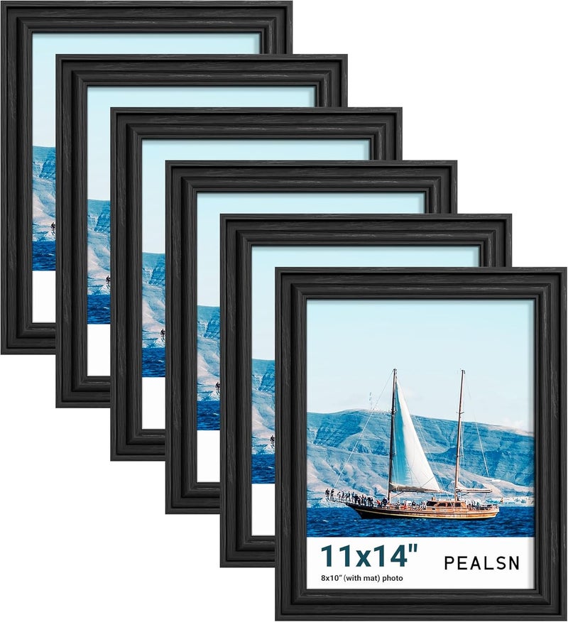 PEALSN 11x14 Picture Frame Set of 6, Display Pictures 8 x 10 with Mat or 11 x 14 Without Mat, Wall Gallery Photo Frames for Wall Mounting or Tabletop Display, Black Woodgrain - Image 1