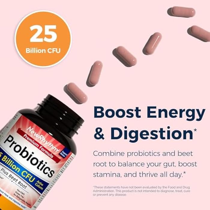 NewRhythm Probiotics for Women & Men 25 Billion CFU, with Organic Beet Root Extract, Nitric Oxide, Circulation, Energy & Heart Health, All Natural, Vegan, Non-GMO, 30 Caps - Image 2